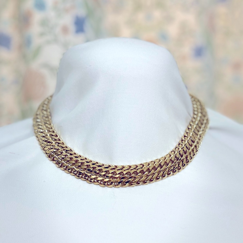 Rare Vtg Givenchy Triple Chain Gold Metal Choker Necklace Marked Designer Logo